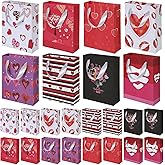 Zonon 24 Pieces Valentines Day Paper Gifts Bags Kraft Party Hearts Kiss Love Treat Goodie Bags with White Handles for Valentines Wedding Party Supplies, 7.9 x 6.3 x 2.4 Inch, 8 Styles