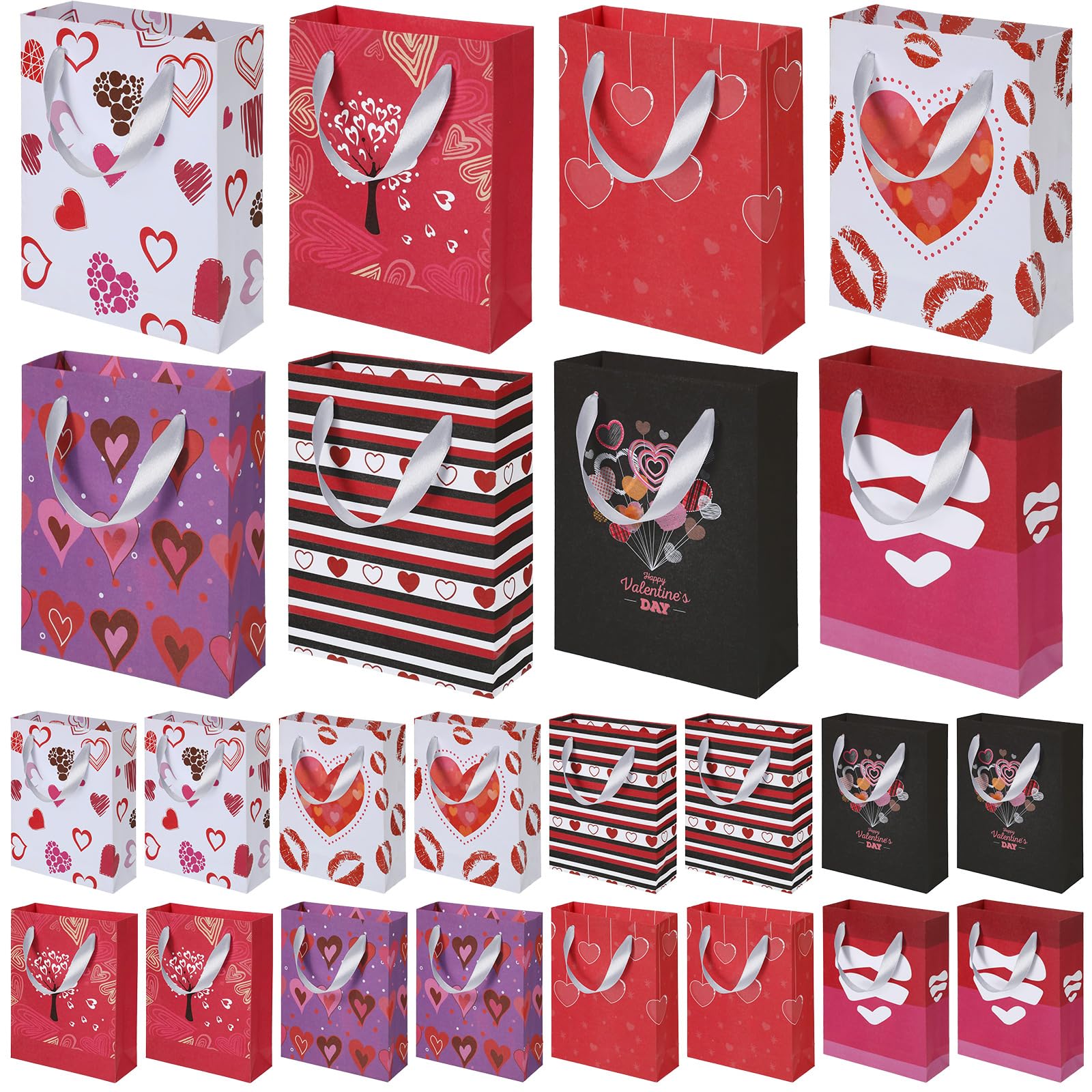 Zonon 24 Pieces Valentines Paper Bags Gift Bags Kraft Party Hearts Treat Bags with White Ribbon for Valentine's Day Anniversary, 7.9 x 6.3 x 2.4 Inch/ 20 x 16 x 10 Cm, 8 Styles