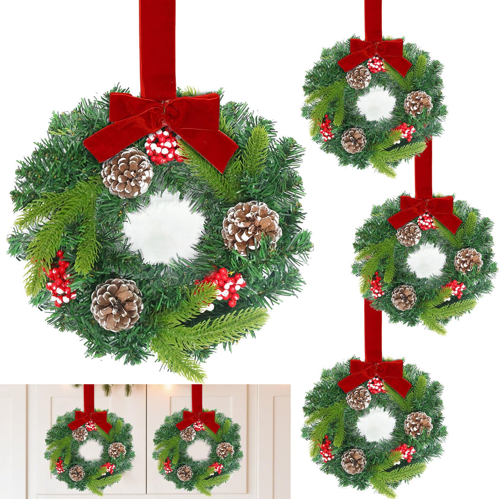 Photo 1 of 4 Pcs Mini Christmas Wreath for Cabinets Kitchen, 11.5 Inch Small Christmas Wreaths with Christmas Bow & Frosted Berries Pine Tips Pinecones Xmas Hanging Decor for Cabinet Fireplace Windows Indoor