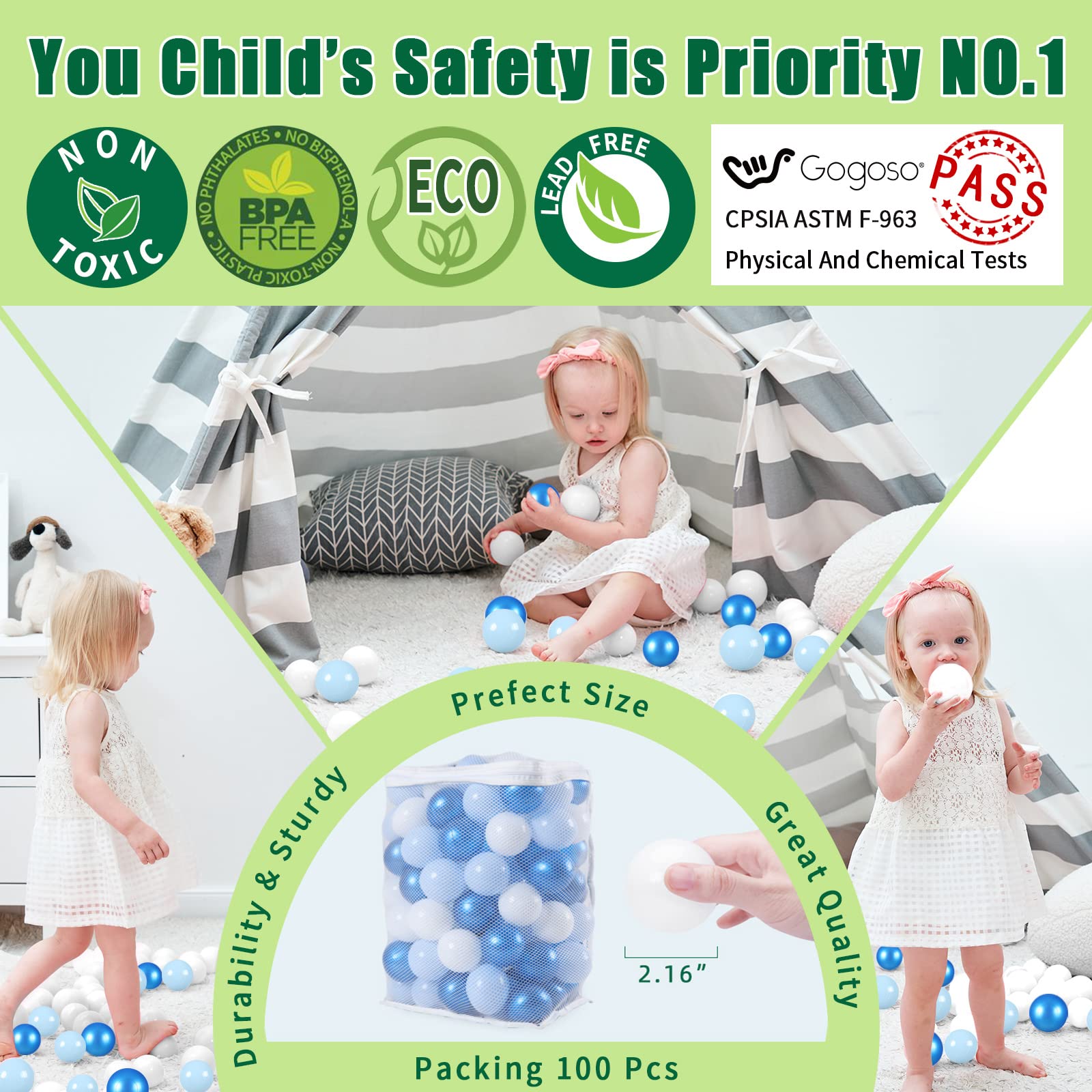 GOGOSO Ball Pit Balls for Toddler, Baby Plastic Playballs Kids Soft Pastel Pelotas Non-Toxic BPA-Free Pearl Blue+Light Blue+White 100 Balls