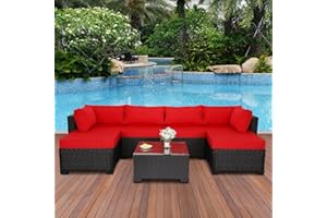 Lviden 7 Pieces Outdoor PE Wicker Furniture Set Patio Rattan Sectional Conversation Sofa Set with Red Cushions and Glass Top Table