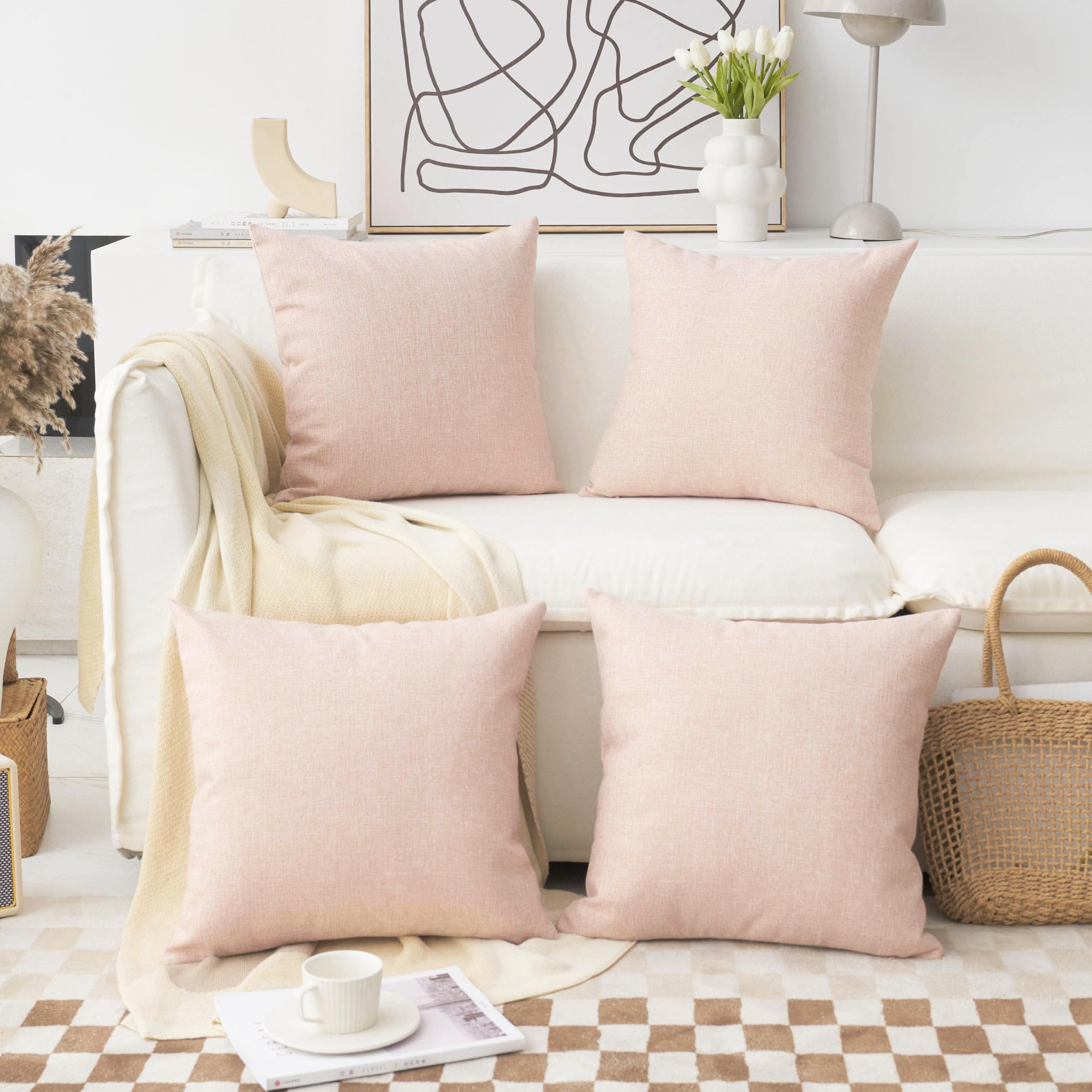Home Brilliant Cushions Covers 45cm x 45cm Pink for Square Pillows Soft Wedding Decoration Linen Cushion Covers for Couch Sofa Bed Girl's Room, Baby Pink, 45x45 cm, Set of 4