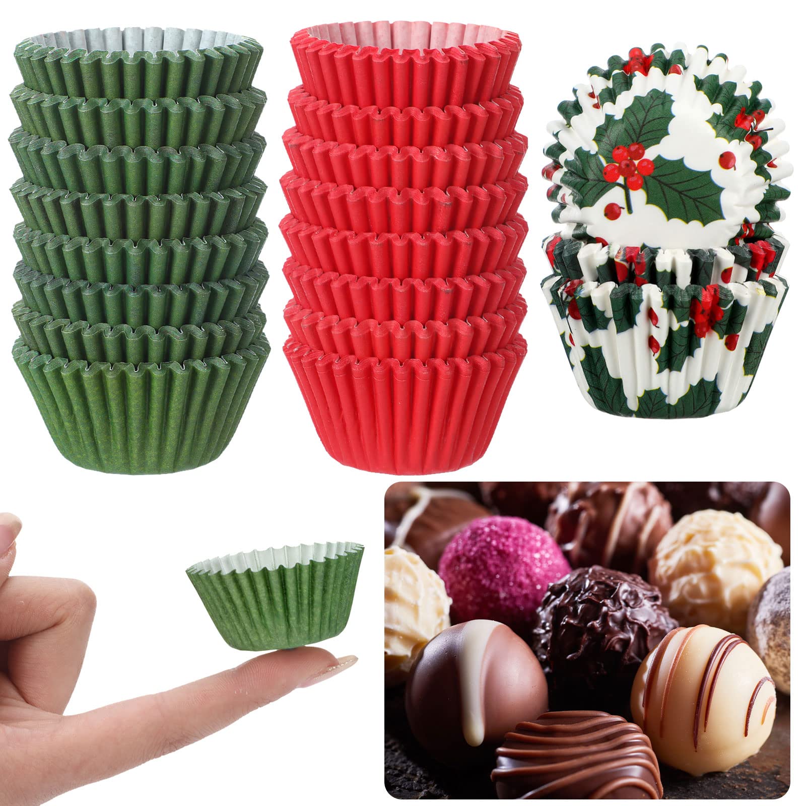 Photo 1 of Funtery 600 Pcs Christmas Cupcake Liners Mini Muffin Liners Paper Candy Cups 1.3 Inch Holly Print Baking Cups Small Xmas Cupcake Wrappers for Baking Truffles Chocolates Making(Elegant)