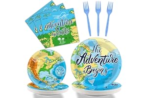 Wiooffen 96 Pcs Adventure Awaits Party Supplies Travel Map Party Plates Napkins Forks for Birthday Retirement Going Away Bon Voyage Party Tableware Set Adventure World Party Decorations 24 Guests
