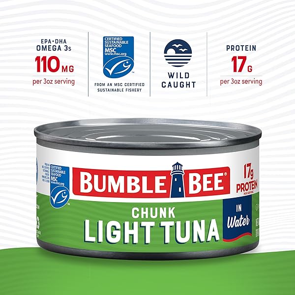 BUMBLE BEE CHUNK LIGHT TUNA IN WATER, 12 OZ CAN – WILD CAUGHT SKIPJACK TUNA – 17G PROTEIN PER SERVING – MSC CERTIFIED SUSTAINABLE SEAFOOD, NON-GMO, GLUTEN FREE, KOSHER