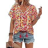 Unixseque Summer Tops for Women Casual Boho Blouses Short Sleeve V Neck Shirts Tie Front 2025 Trendy Beach Vacation Clothes