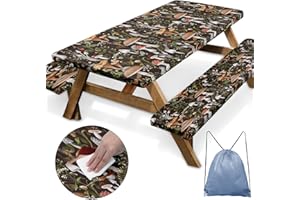 BRITOWN Picnic Table Cover with Bench Covers Elastic Edges, Retro Mushrooms Fitted Table Cover, Outdoor Camping Essentials 72 Inch 3PCS, Waterproof Camping Fitted Tablecloth with Drawstring Bag