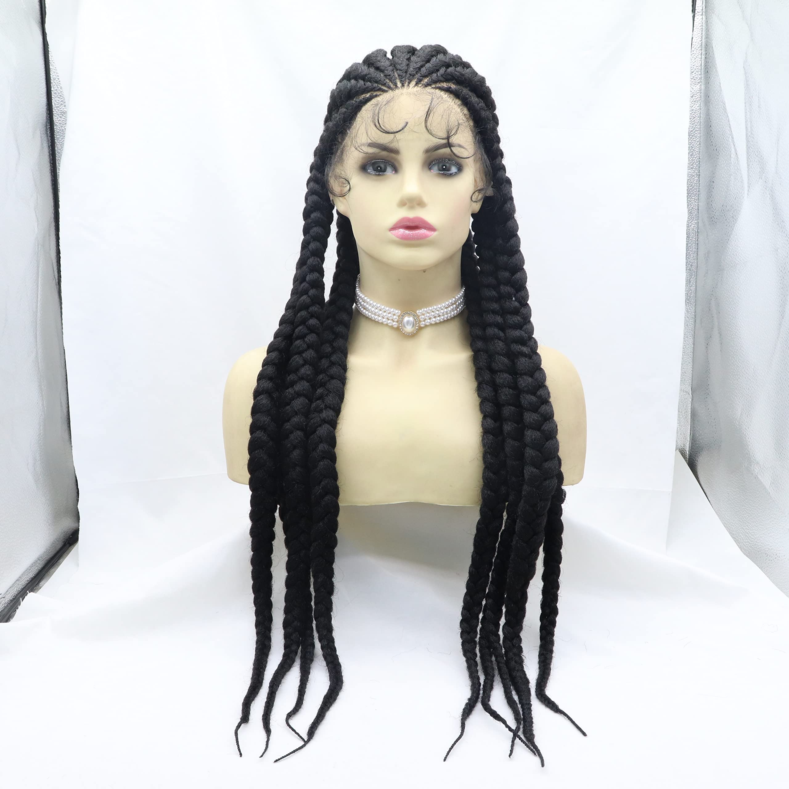 xiweiya Natural Black 100% Hand Braided Lace Front Wig with Baby Hair 11xTwist Box Braids 360 Full Lace Wig Black Dutch Braids Cornrow Braid French Braids for Women 36inch