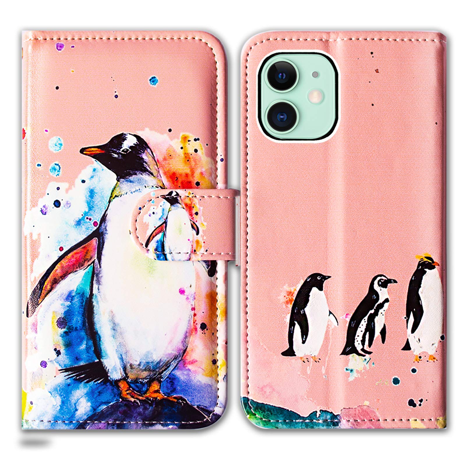BCov iPhone 12 Case, Penguin Drawing Leather Flip Phone Case Wallet Cover with Card Slot Holder Kickstand