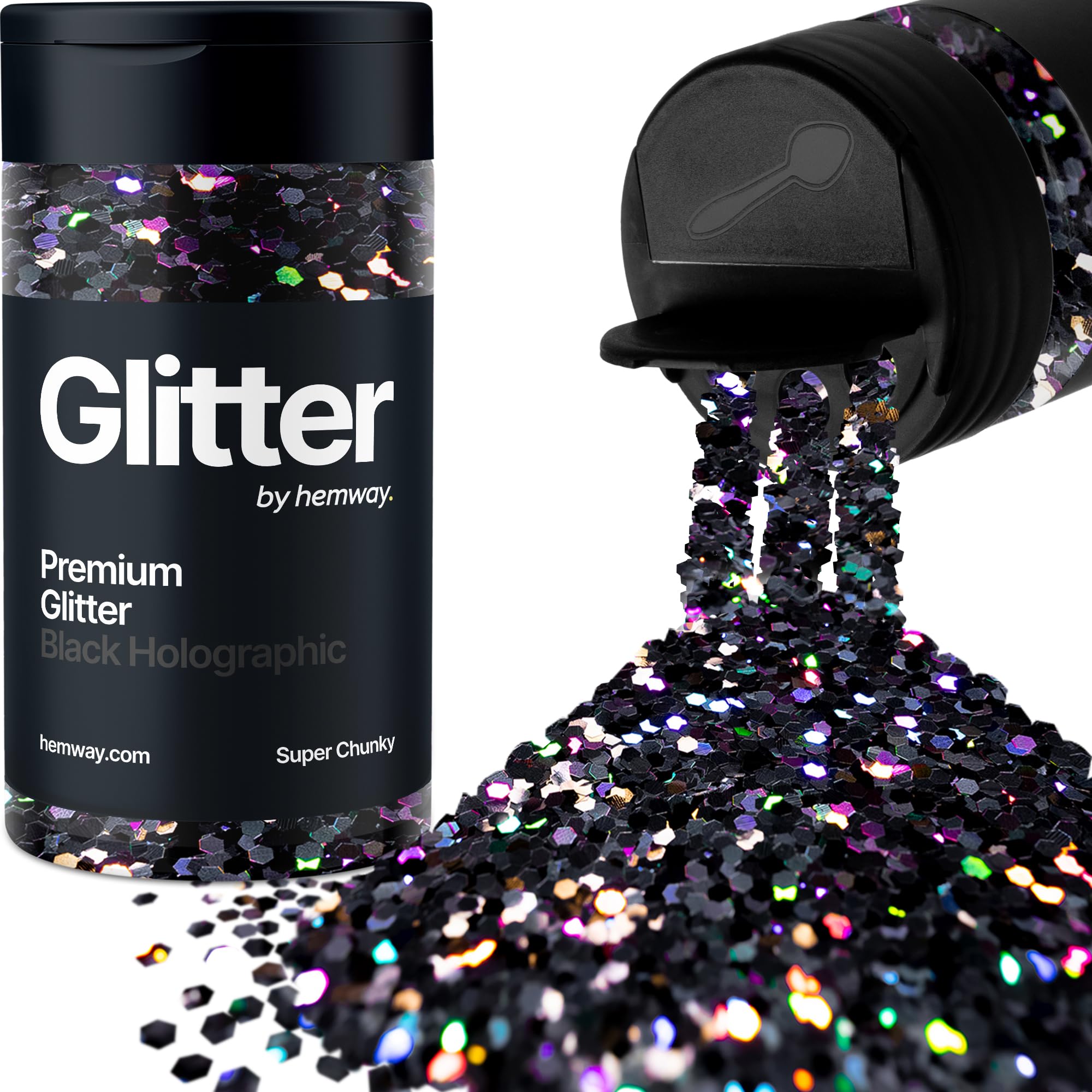 Holographic Black Glitter Shaker, 130g Super Chunky Glitter, Crafts 1/8" Metallic Flake Black Sequins, Resin & Epoxy Crafts, Decorating, Halloween, Christmas Nail, Face, Hemway