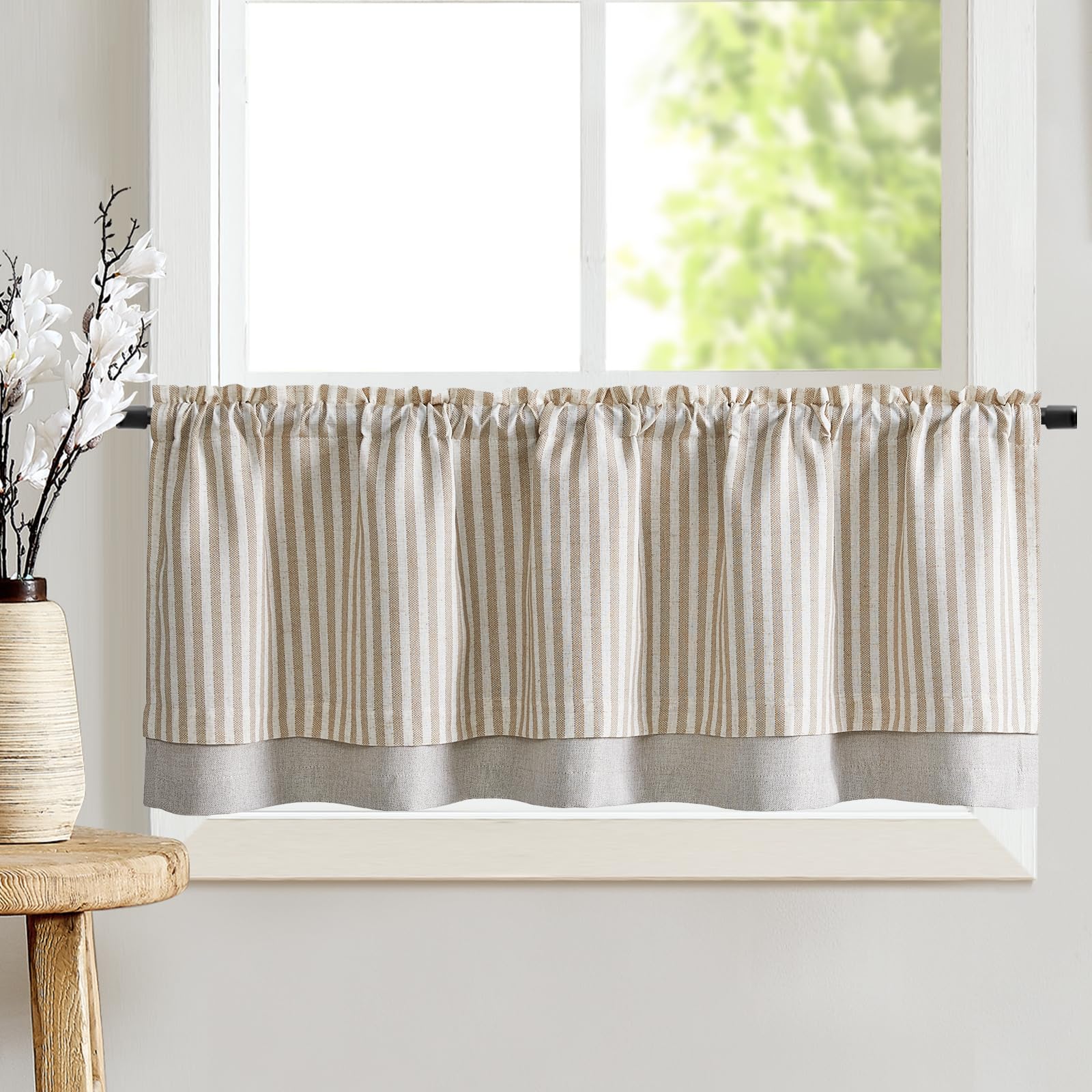 TOPICK Striped Short Kitchen Pelmet Curtains 18 Inch Drop, Small Cafe Curtains, Rod Pocket Blackout Double Layer Valance for Bedroom, Sink, Living Room, Cupboard, 1 Panel, Taupe on Beige, W50xL18 Inch