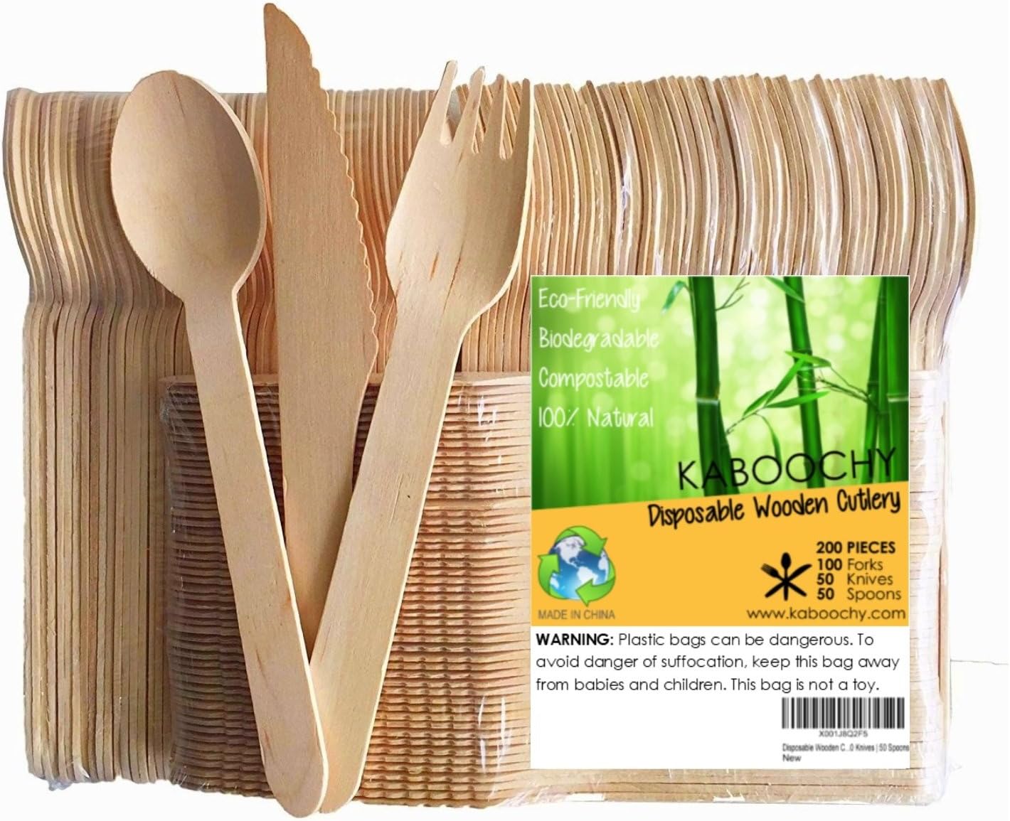 Disposable Wooden Cutlery 200pc Set | 100 Forks | 50 Knives | 50 Spoons, 6.25 inch length. 100% Natural, Eco-Friendly, Compostable, Biodegradable, Premium Utensils for Anniversary Parties by KABOOCHY