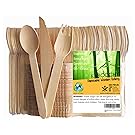 Disposable Wooden Cutlery 200pc Set | 100 Forks | 50 Knives | 50 Spoons, 6.25 inch length. 100% Natural, Eco-Friendly, Compostable, Biodegradable, Premium Utensils for Anniversary Parties by KABOOCHY