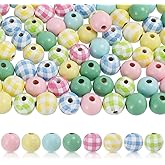 Whaline 240 Macaron Wooden Craft Beads Blue Green Yellow Pink Colorful Wooden Round Beads Plaid Round Wood Polished Spacer Bead Bubblegum Loose Beads for DIY Lanyard Key Chain Handmade Jewelry Decor