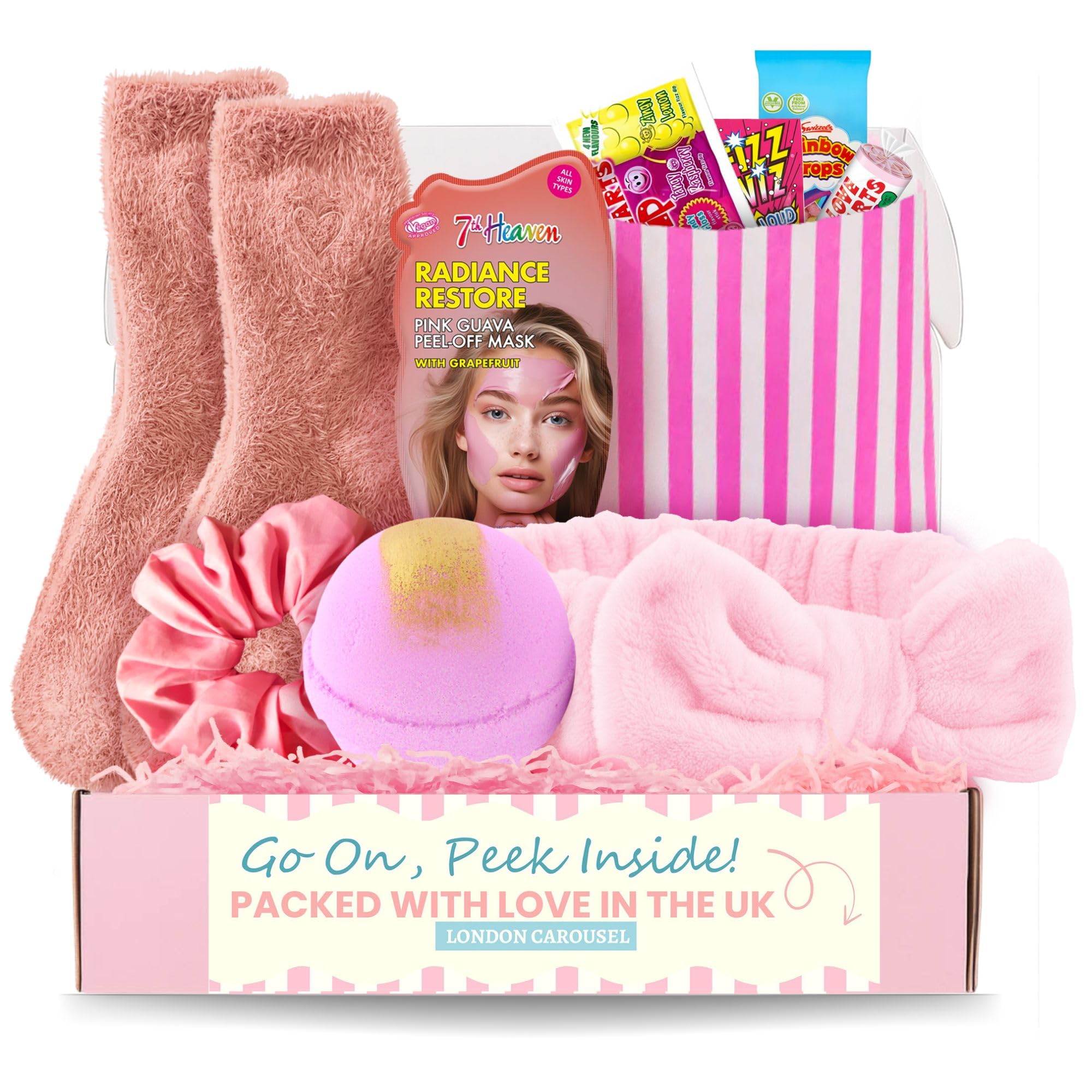 Pamper Gifts for Teens - Girls Pamper Set Includes Soft Spa Headband, Bath Bomb, Cosy Socks, Peel-Off Face Mask, Hair Scrunchie and a Bag of Sweet Treats