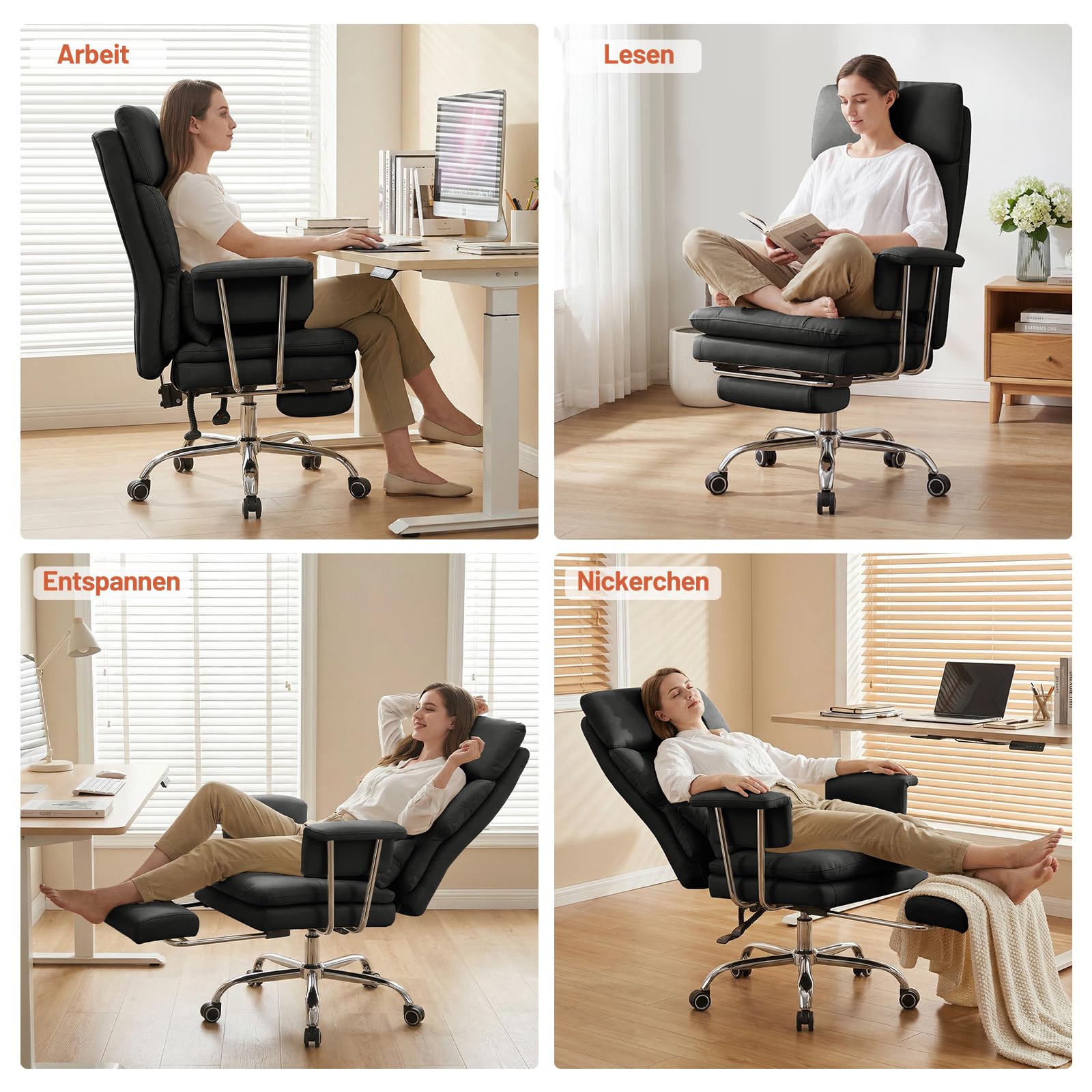 Ckaff Bürostuhl Ergonomischer mit Fußstütze und Lendenwirbelstütze, PU Leder Chefsessel 200KG XXL, Schreibtischstuhl Drehstuhl mit Armlehnen und Kopfstütze Höhenverstellbarer, Schwarz 3
