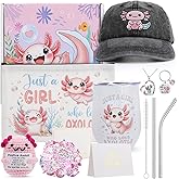 Zhamate 9 Pcs Axolotl Gifts Set for Girls Includes Baseball Hat Tumbler Mug Makeup Bag Axolotl Doll Necklace Sticker Key Chain Card
