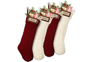 LIBWYS 2025 Personalized Christmas Stockings with DIY Leather Name Tags, 4 Pack 18 Inches Large Cable Hanging Stockings, Knit