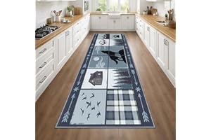 Rustic Cabin Runner Rug 2x7 Vintage Hallway Runner Floor Mat, Rustic Wolf Wildlife Kitchen Rugs, Plaid Patchwork Rug Non Slip