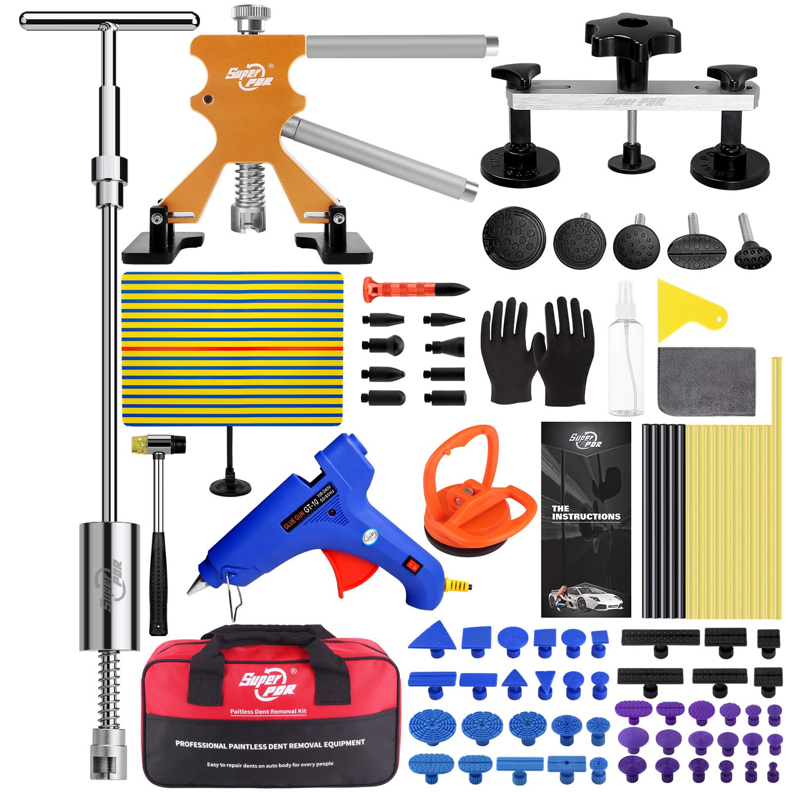 Photo 1 of Super PDR 94PCS Car Dent Puller Kit Paintless Dent Removal Tools PDR Kit Auto Body Repair Suction Puller Dent Repair Kit for Cars Body Repair Tools with Dent Lifter, Bridge Puller, Slide Hammer