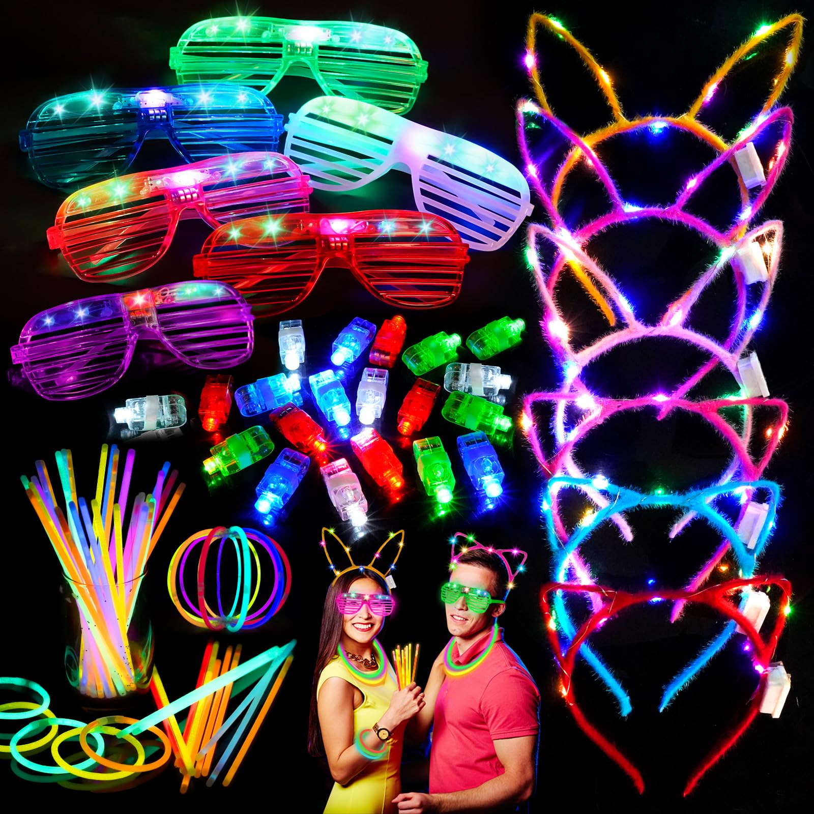 Glow in the Dark Party Supplies 82Pcs Led Light Up Toys Party Favors Light Up Party Favors for Adult Kid with 50 Glow Sticks 20 Finger Light 6 Light Up Glasses 3 Cat Ear Headband 3 Rabbit Ear Headband