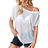 JDEEO Off The Shoulder Tops for Women Sexy Mesh See Through Short Sleeve Summer Shirt