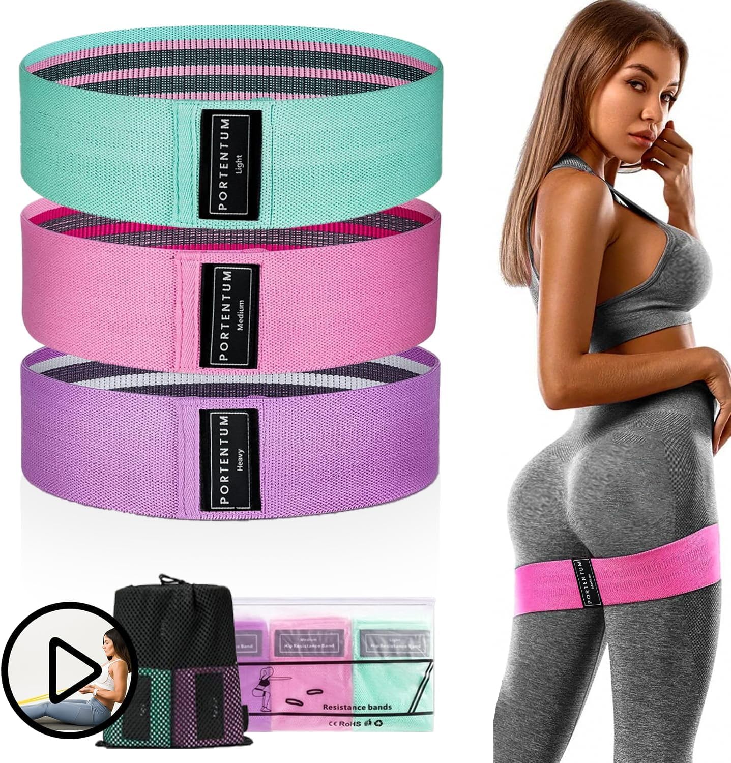 PORTENTUM Resistance Bands Set of 3, Elastic Bands, Yoga Strap in 3 Tensile Strengths, Training Band, Yoga Band, Resistance and Support for Leg and Glutes, Includes Exercises Video