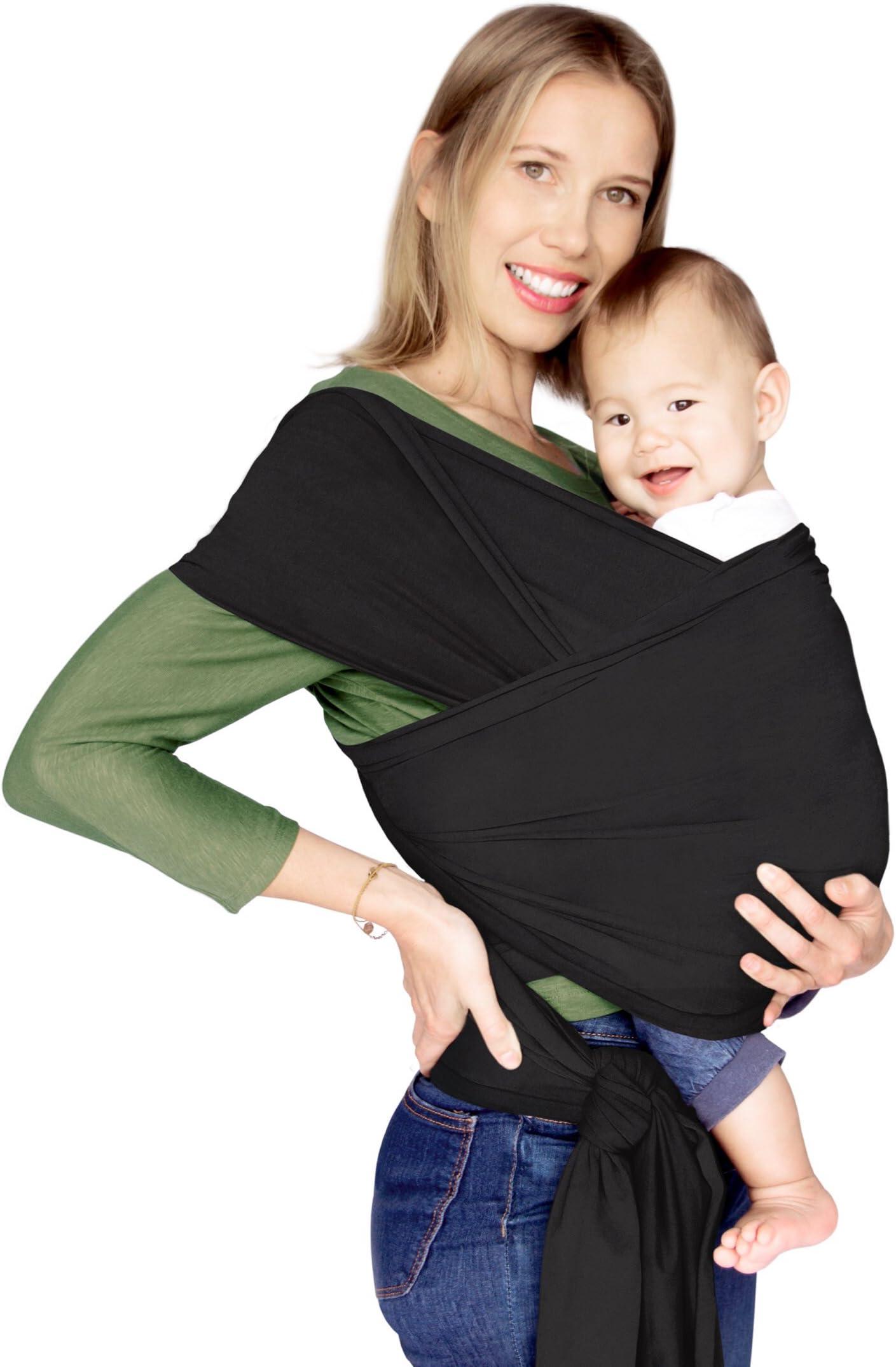 Baby Wrap Carrier - Baby Sling Kangaroo Wrap for Infant and Newborn - Ultra Soft Peruvian Cotton - Black. Use on Both Sides - Reverses in Black with Steel Grey Pocket. Fits Plus Sizes.