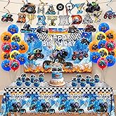 Monster Truck Birthday Decorations Party Decorations Set Include Truck Balloons, Tablecloth, Backdrop, Cake Cupcake Toppers, Hanging Swirls, Banner Monster Truck Party Supplies for Boys Birthday Decor