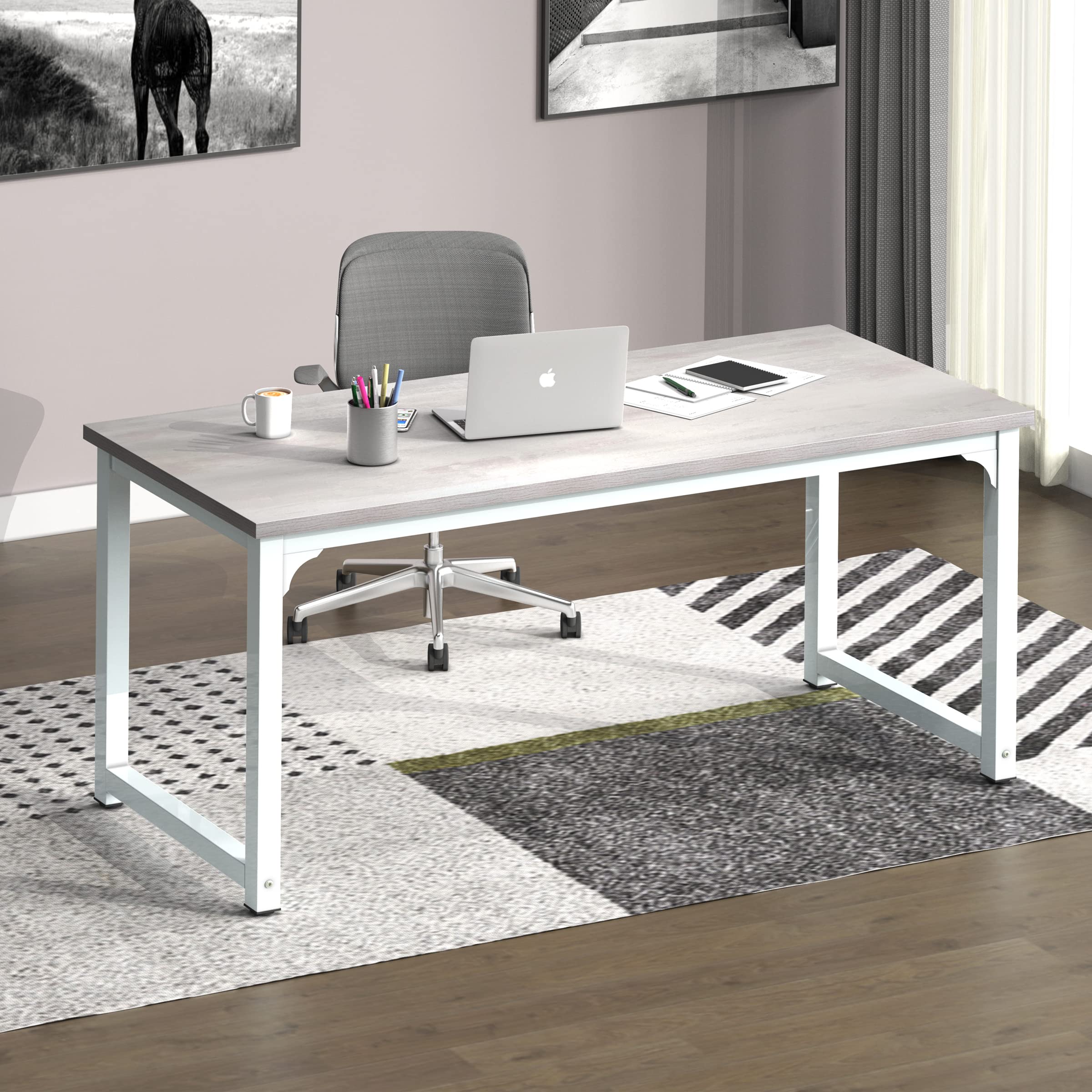 Photo 1 of NSdirect 63" Large Computer Desk,Modern Simple Style PC Table Office Desk Wide Workstation for Study Writing,Gaming and Home Office,Extra 1" Thicker Wooden Tabletop and Black Metal Frame,Stone White