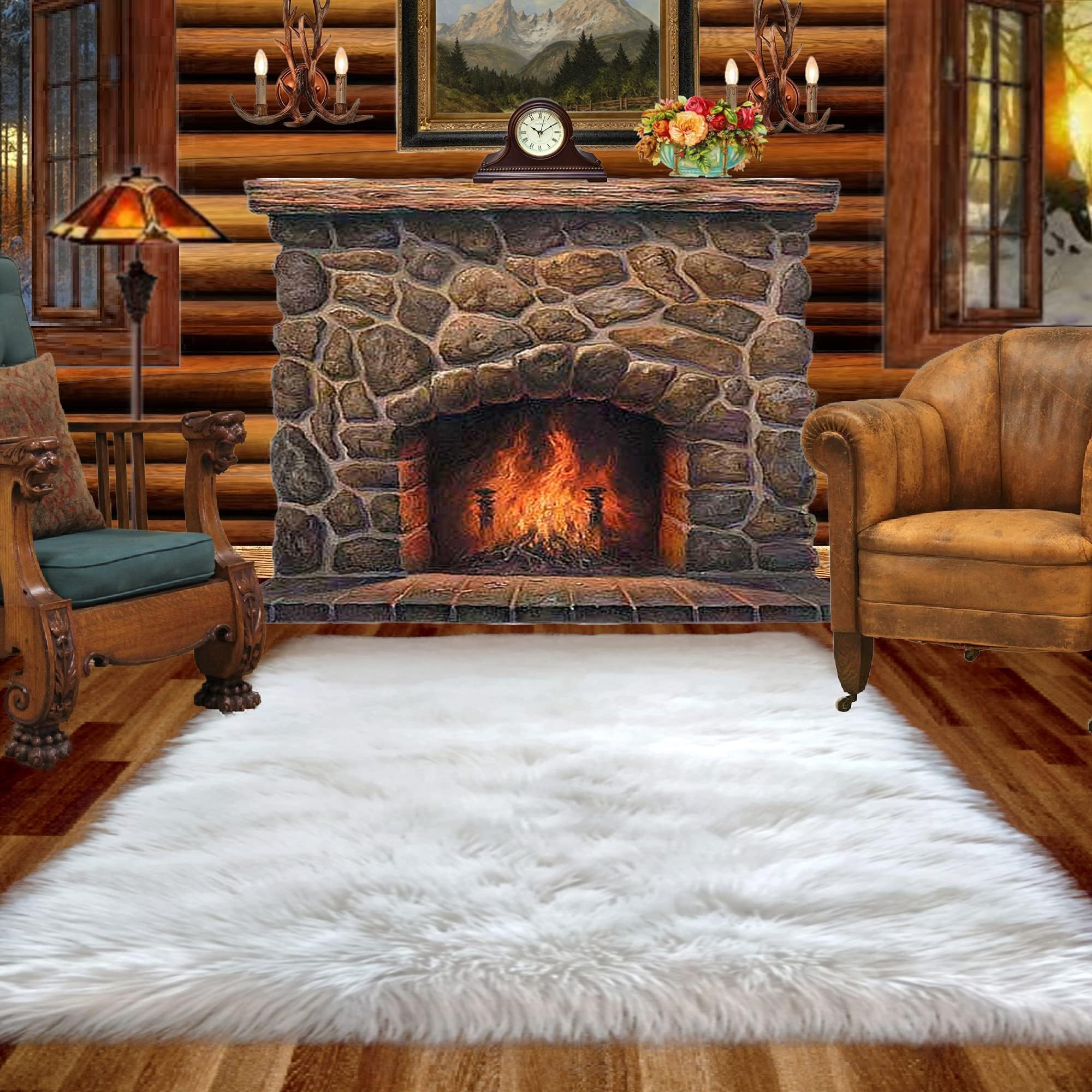 Plush Faux Fur Shaggy Shag - Soft Sheepskin Pelt Rug - Rectangle with Natural Edges RealisticWhite or Off White - Shag - Soft Ultra Suede Backing - Area Rug (5'x8', Off White)