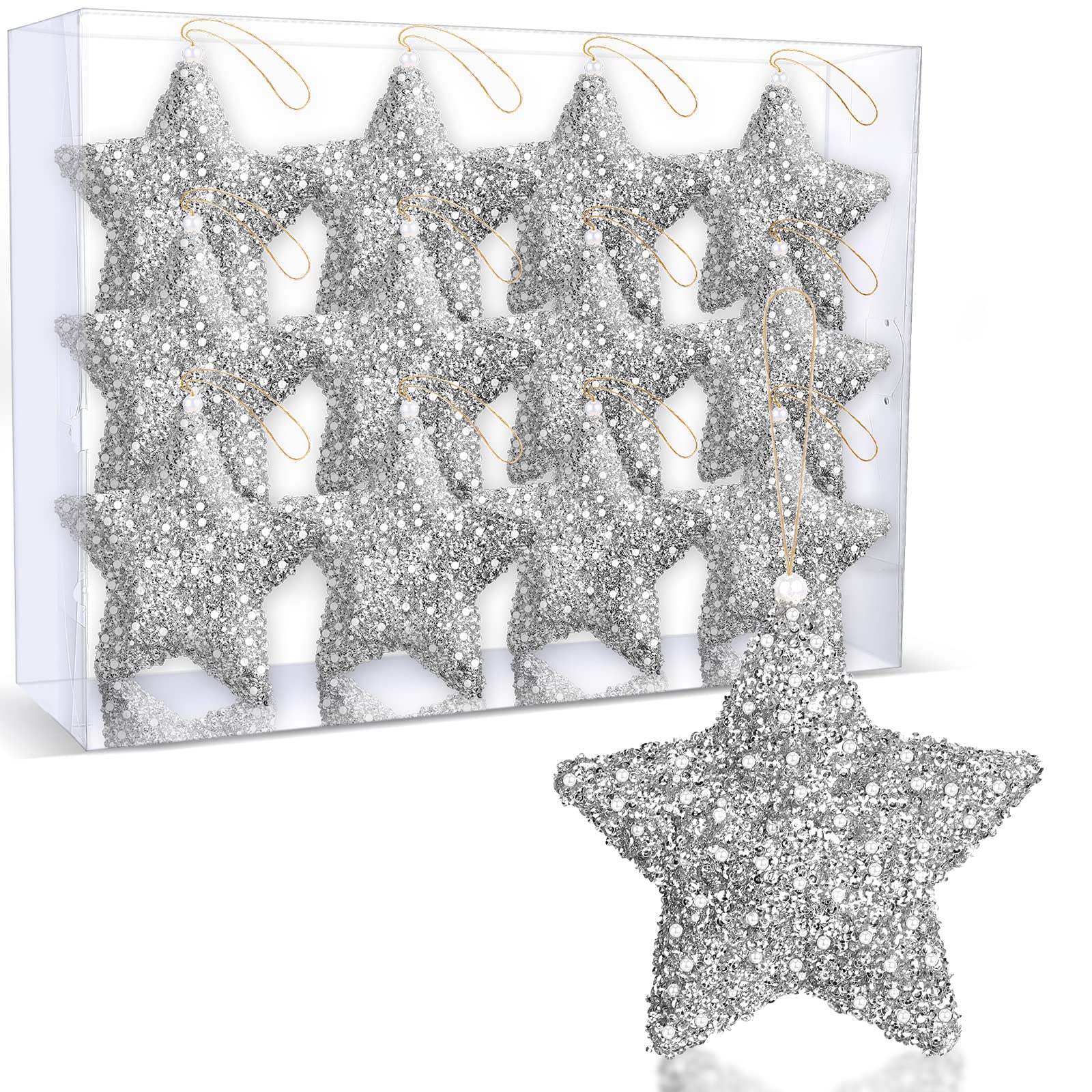 Photo 1 of 12 Pcs 4 Inch Star Ornament Tree Glitter Five Pointed Star Decoration Suitable for Tree Hanging Decoration Wedding Party Festival Pentagram Ornament Gift (Silver)