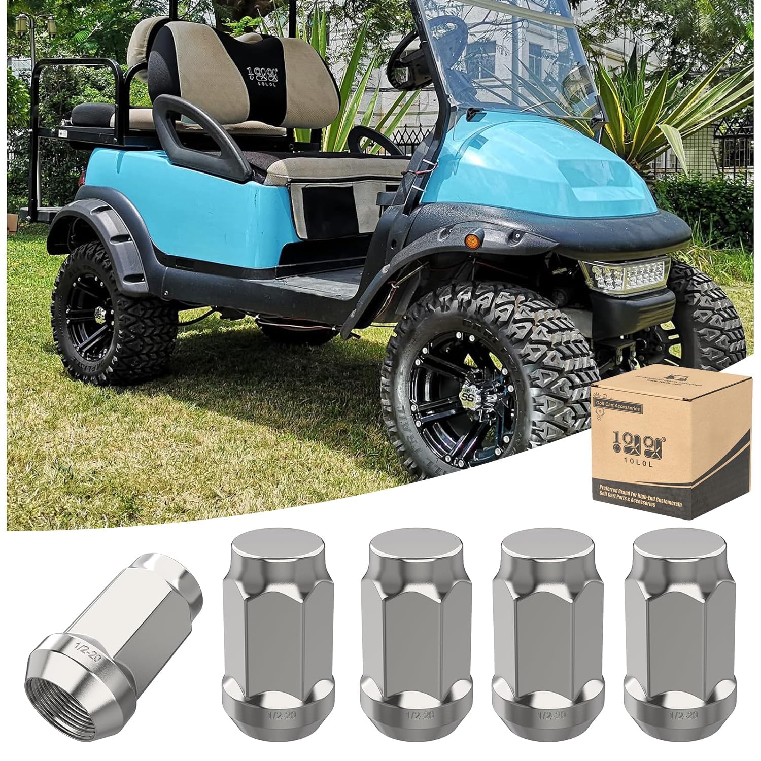 10L0L Golf Cart Chrome Wheel Lug Nuts 1/2"-20 for EZGO Club Car Cushman Jacobsen (16 Pack)