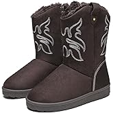 ZEENXIUYA Winter Snow Boots for Women Mid Calf Cowboy Boots with Embroidery Stitched Flat Fashion Boot with Warm Faux Fur Lined Bohemian Style Boot