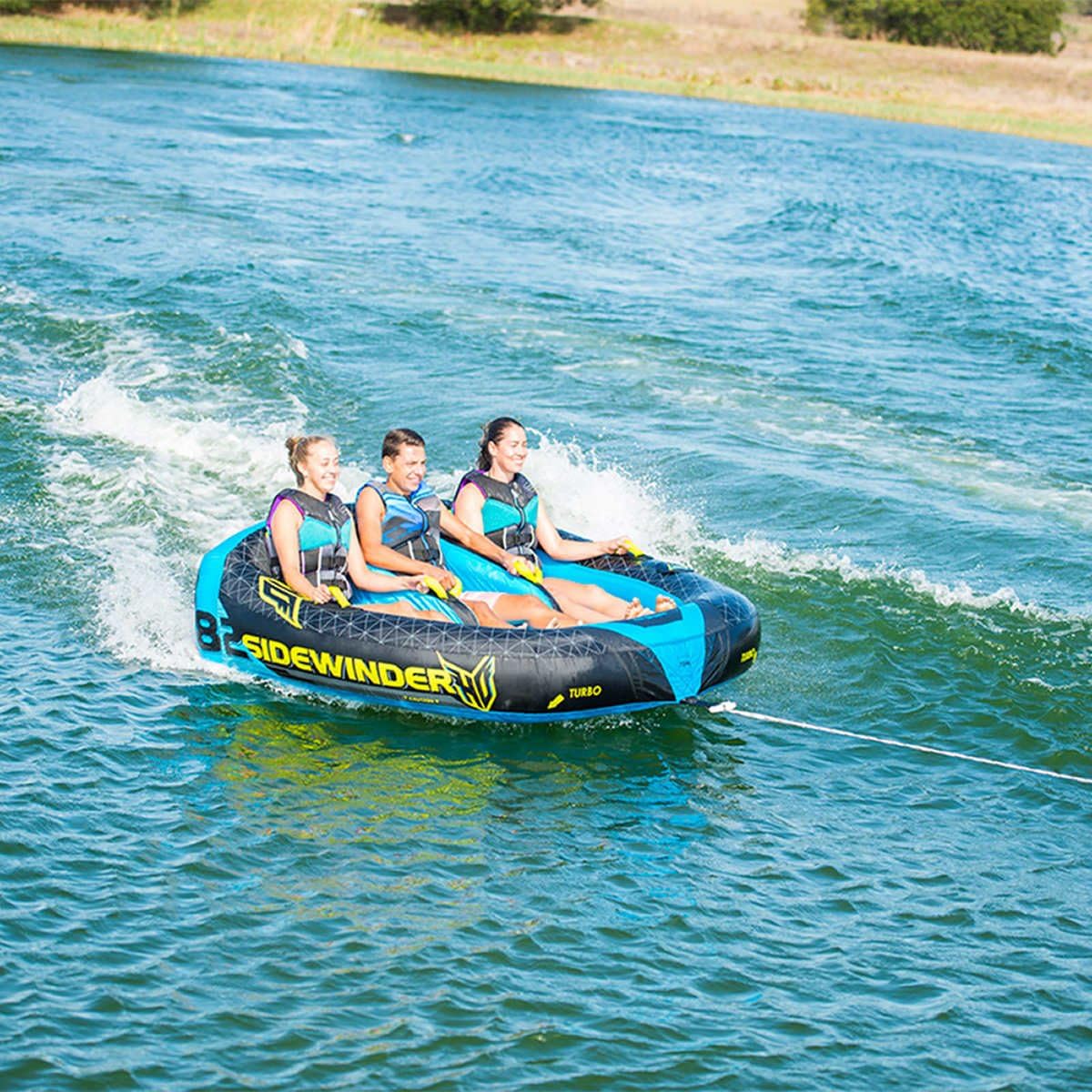 HO Sports Sidewinder 3 Person Towable, Features Individual Seating Compartments Includes Quick-Connect Tow Rope, Electric Inflator Pump and Valves