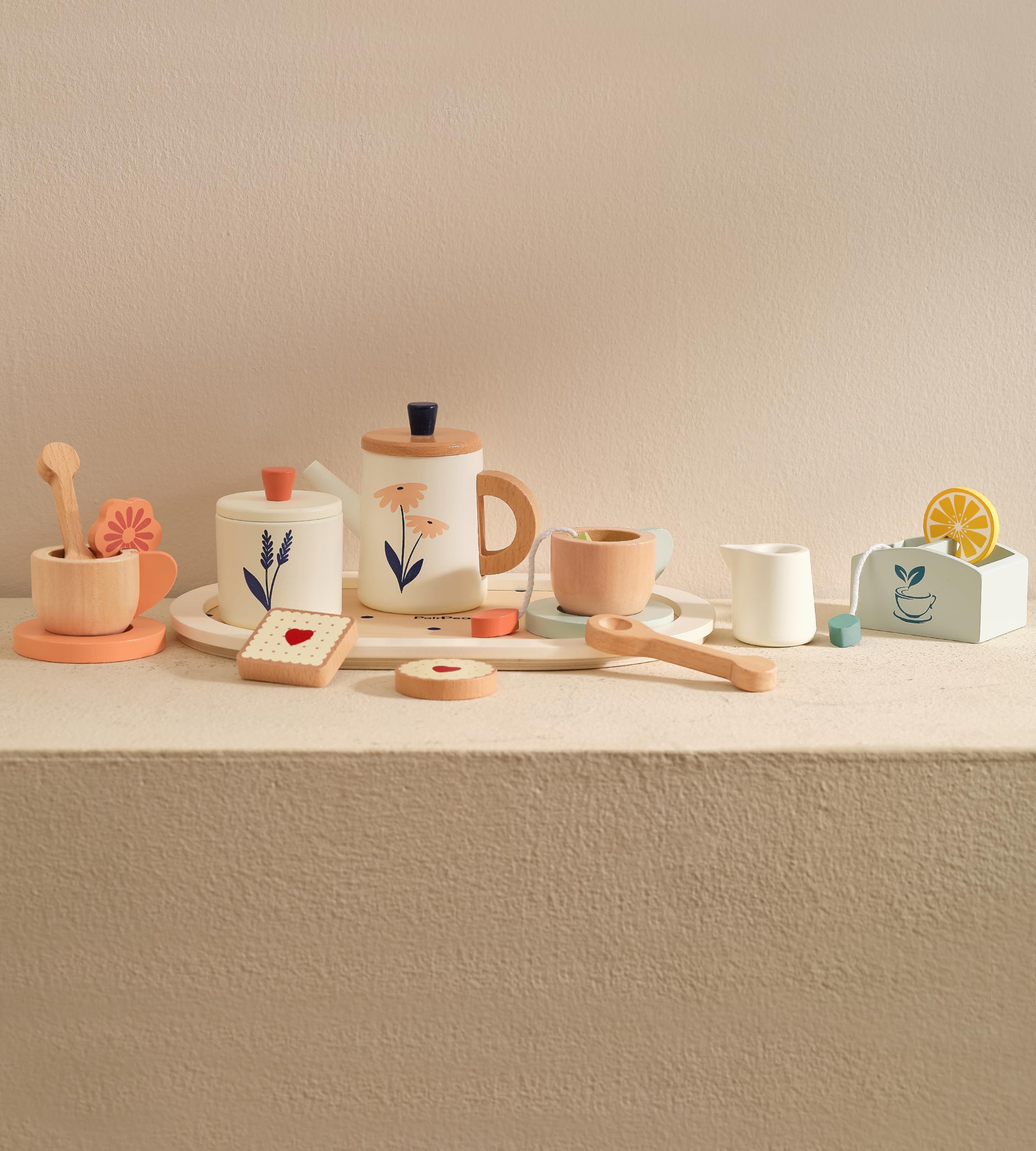 Photo 1 of PairPear Wooden Tea Set for Kids, 19 Pieces Pretend Play Tea Party Set Play Kitchen Accessories for Kids Girls and Boys 3+, Toddler Princess Tea Time Party Food Toys