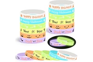 Lesnala 48 Pcs Halloween glow in the dark bracelets 6 Styles Trick or Treat Luminous silicone wristband for Kids Pumpkin Ghost Bat Glow Bracelets for Halloween Night Party Favors Goodie Bag Fillers