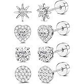 YADOCA 4 Pairs Flat Back Stud Earrings for Women Hypoallergenic 925 Sterling Silver Post Cubic Zirconia Earrings Set Halo Round Heart Square Diamond Silver Gold Studs