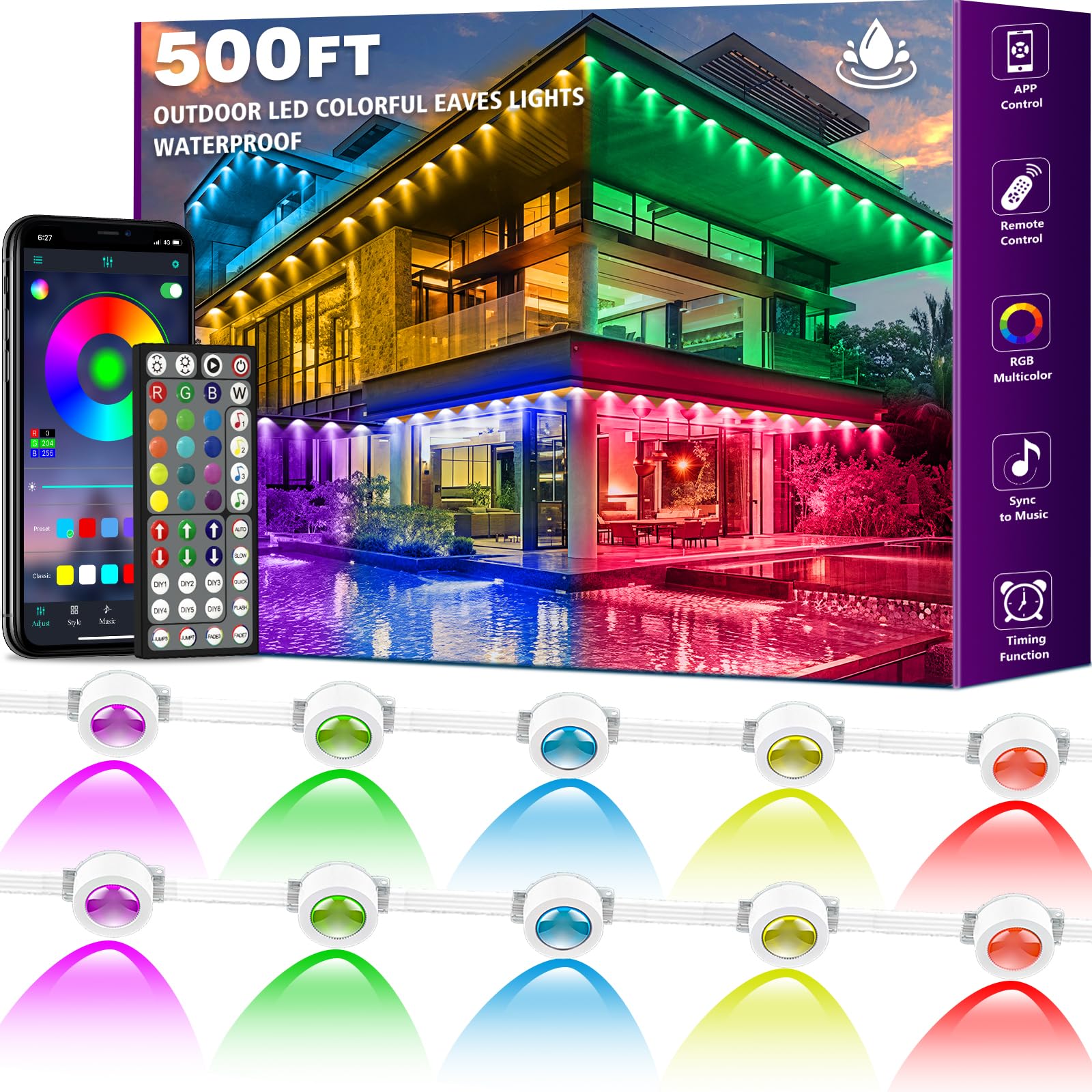 Photo 1 of SINLEY 500ft Permanent Outdoor Lights for House, RGB Outdoor Decor, Scene Modes, App/Remote Control, IP68 Waterproof, for Christmas, Holiday, Daily & Pool Party Decor (500FT)