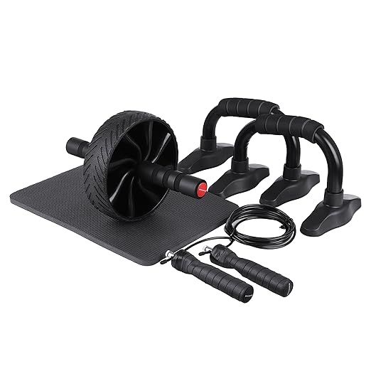 SONGMICS Unisex Adult 3-in-1 Trainingsgeräte-Set für Zuhause, AB Roller Bauchtrainer, Liegestützgriffe, Springseil und Kniema