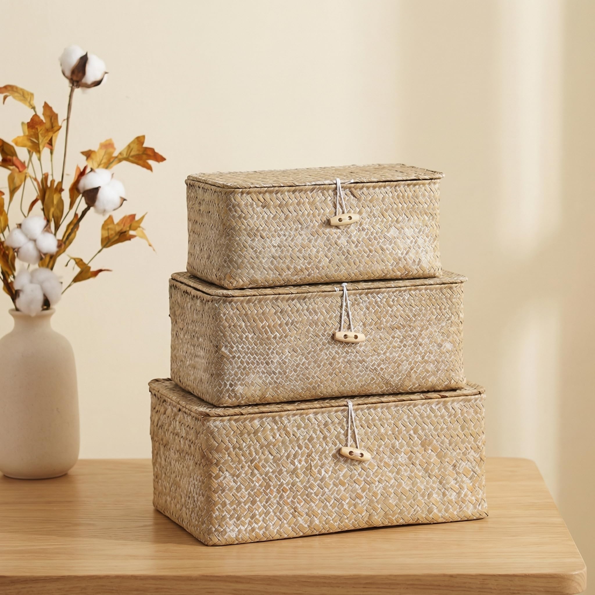 YSGLIFE Rectangular Storage Basket with Lid Handmade Seagrass Rattan Woven Natural Box for Clothes Books and Shelves Multifunctional Makeup Organizer Set of 3 Shelf Basket(S/M/L)