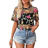 SweatyRocks Women Sexy Sheer Mesh Crop Tops Floral See Through Short Sleeve Tee Shirt Blouse
