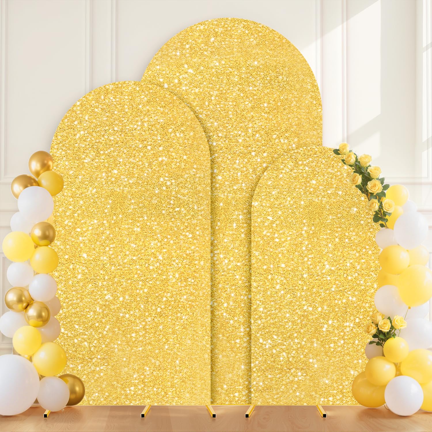 Photo 1 of WUPIOS Arch Cover Gold Arch Backdrop Covers 6ft 6.6ft 7.2ft Spandex Arch Covers Set of 3 Sparkle Wedding Arch Stand Cover Vintage Shiny Arch Stand Cover for Bridal Shower Wedding Ceremony Party Events