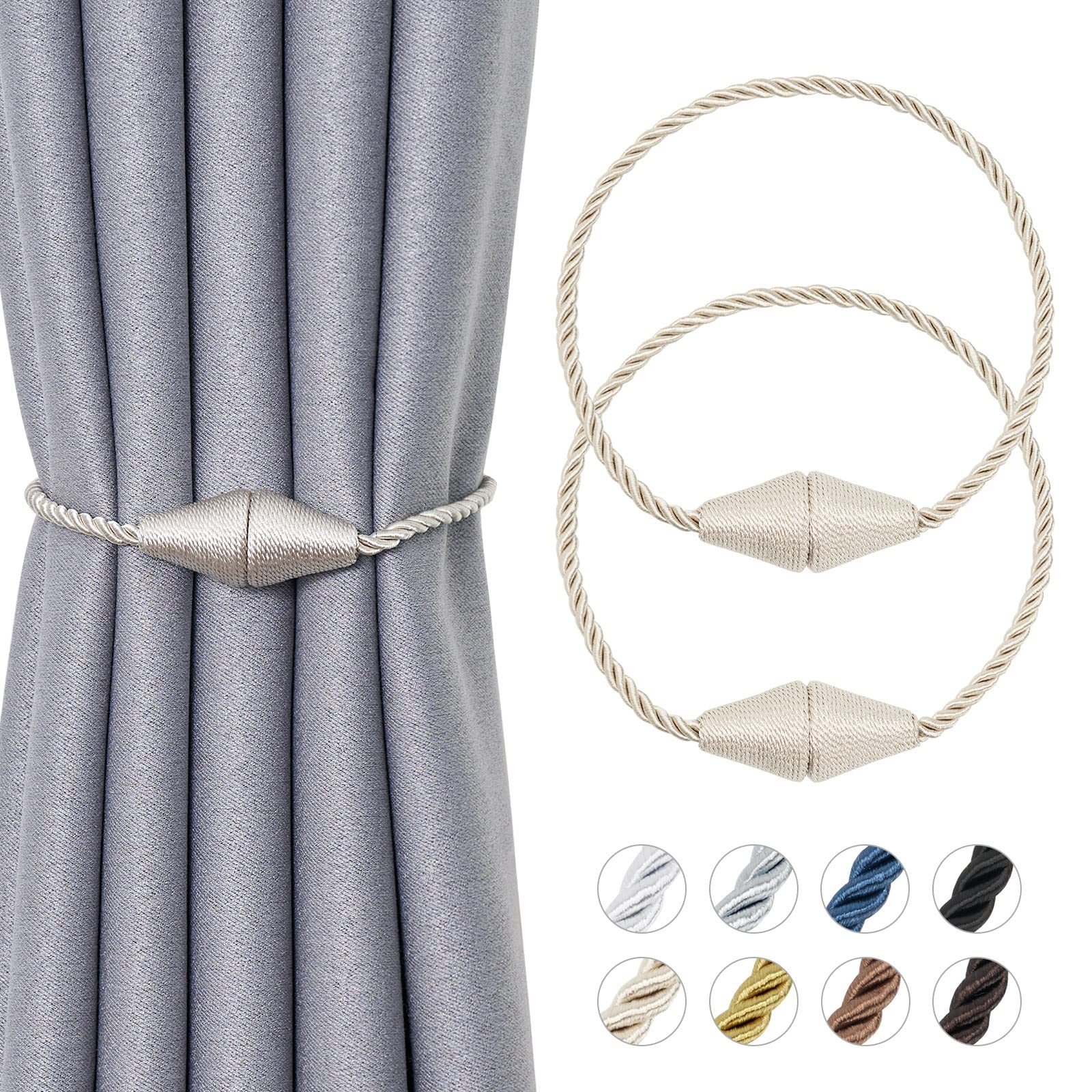 Pretty Jolly 2 Pack Upgrade Magnetic Curtain Tiebacks 16 Inch Handmade Weave Rope Curtain Holdbacks Convenient Decorative Cone Curtain Drape Tie Backs for Home & Office Window Drapery (New Beige)