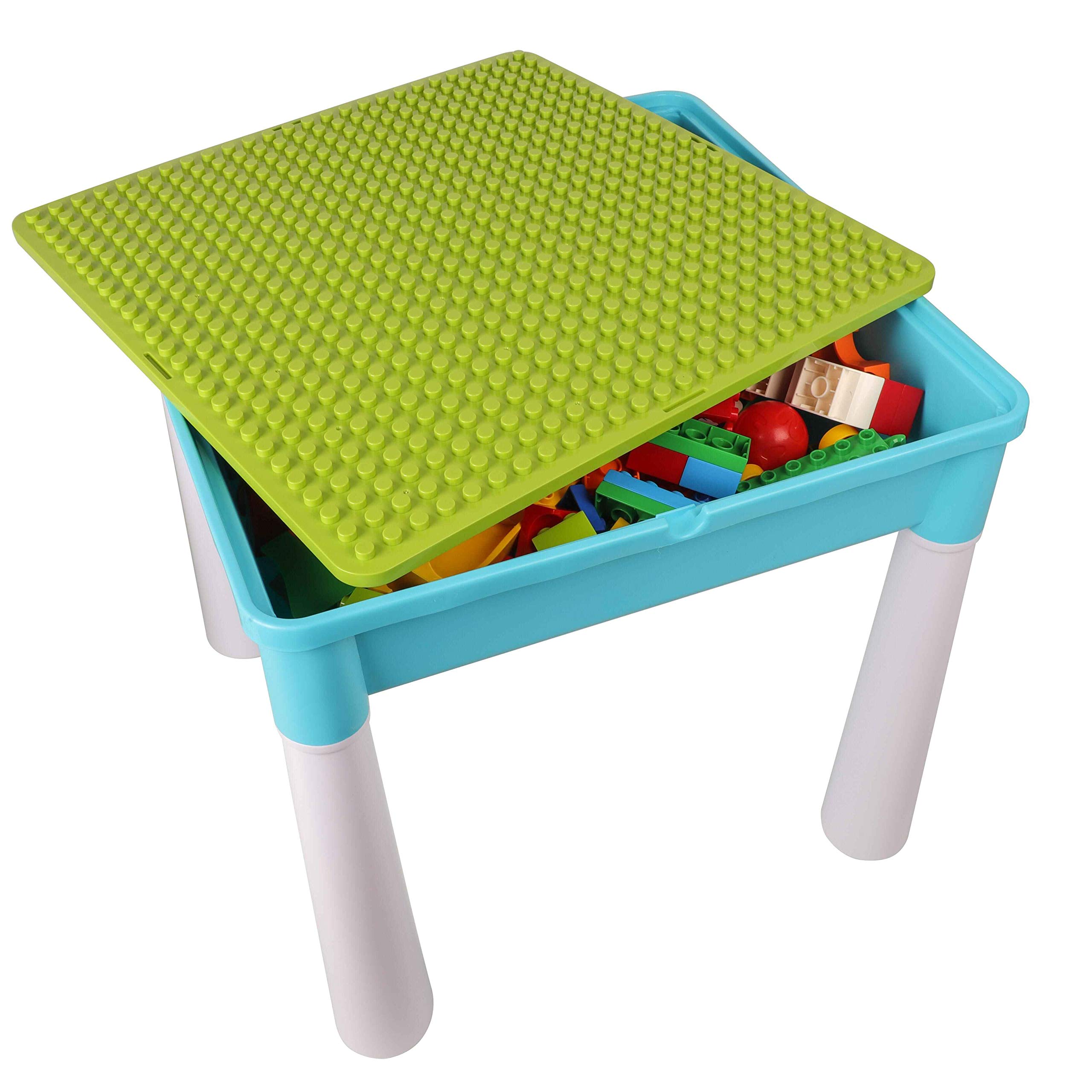 Kids 5-in-1 Multi Activity Table Set - 128 Pieces Large Building Blocks Compatible Bricks Toy, Play Table Includes 1 Chair and Building Block Table with Storage, Green Baseplate Board/Blue Color