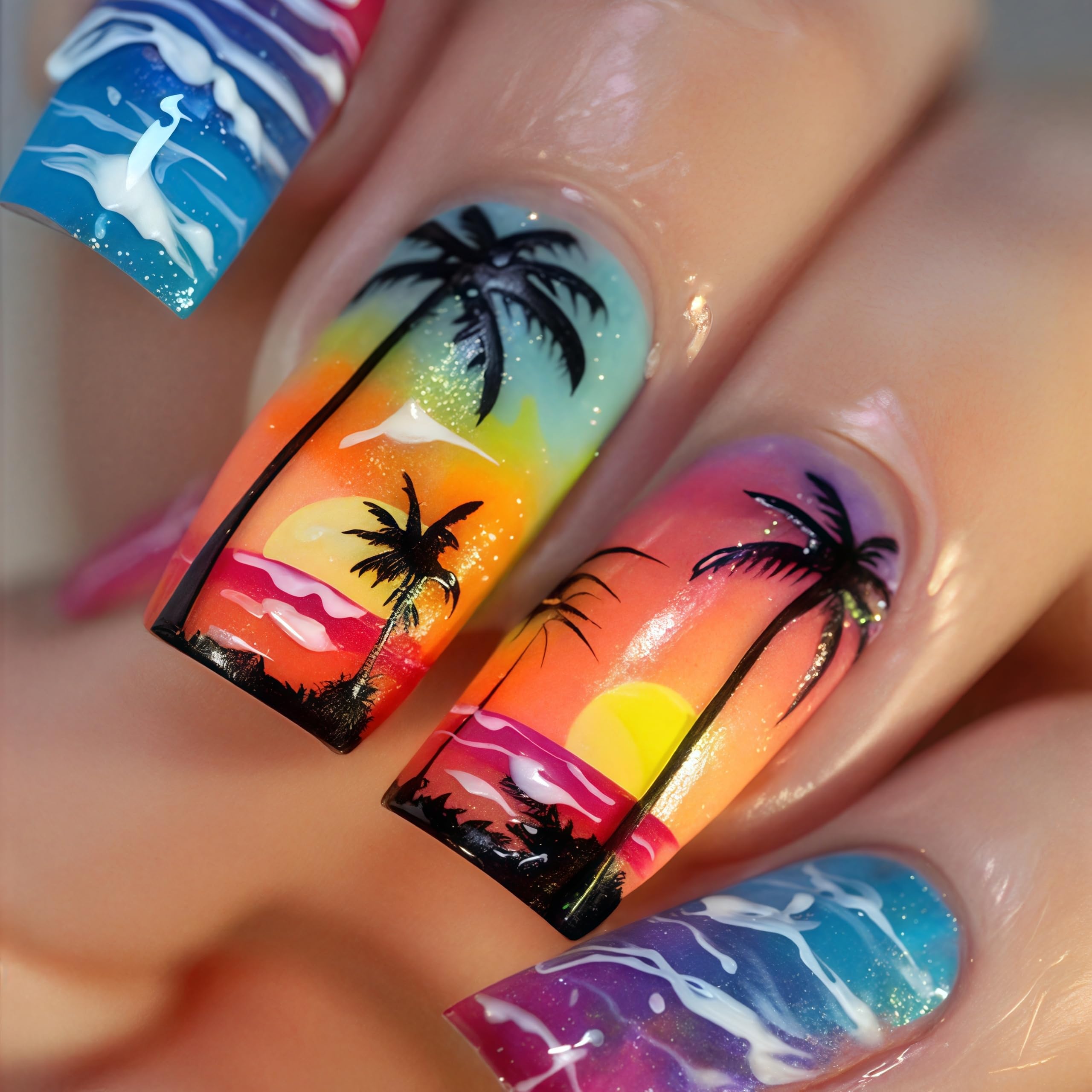 24Pcs Summer Press on Nails Medium Square Fake Nails Sea Waves Coconut Palms Design Coconut Tree Pattern Artificial Nails Ocean Beach Tropical Reusable Stick on Nails for Women Girls Summer Nail Art