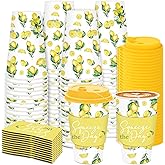 JarThenaAMCS 48 Set Summer Lemon Disposable Coffee Cups with Lids Sleeves 16Oz Watercolor Yellow Lemon Paper Drinking Cup for Hot Cold Drinks Birthday Holiday Party Supplies