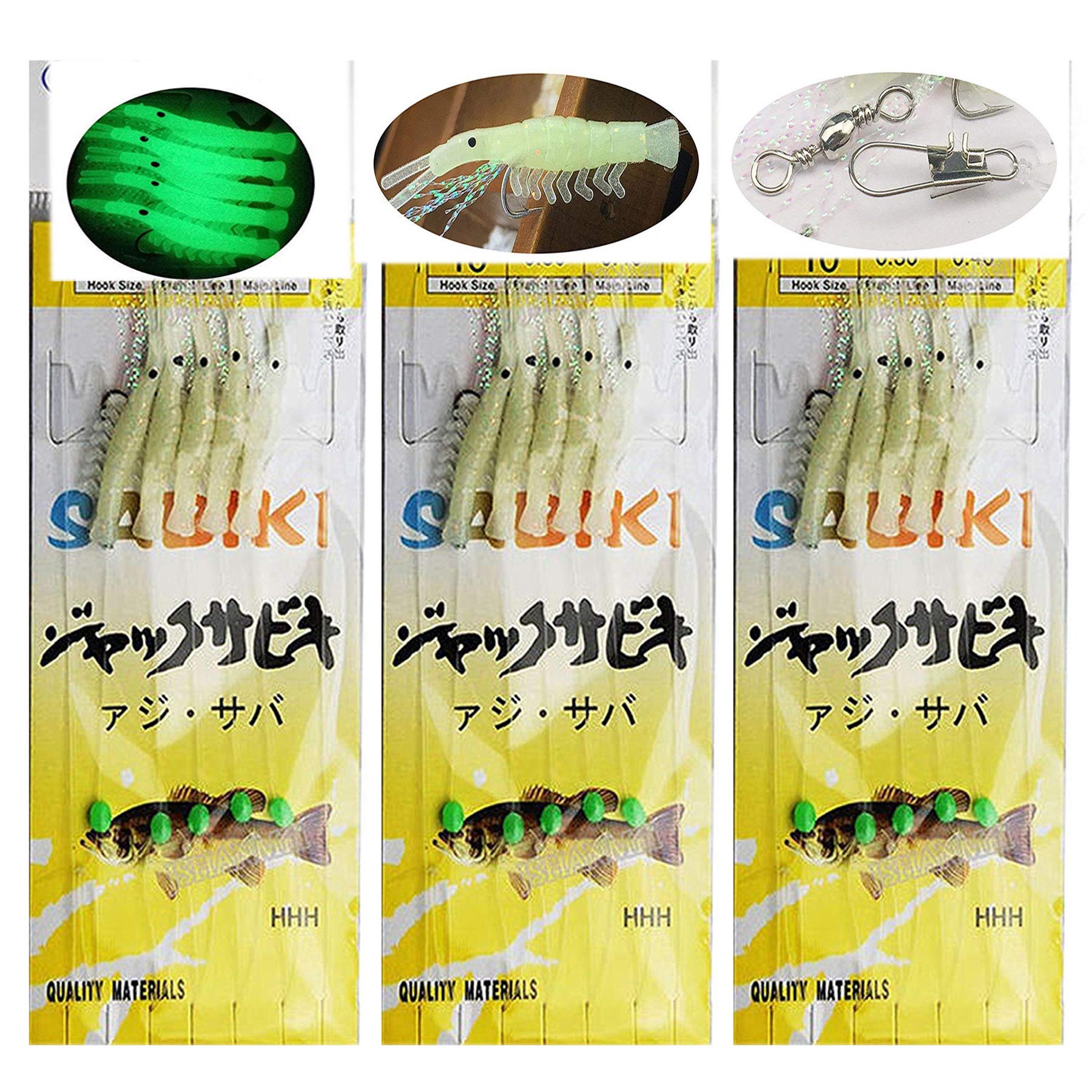 Shrimp Sabiki Fishing Bait Rigs Luminous Soft Shrimp Fishing Lures Tied with Leaders& Fishing Barrel Swivel Snaps,PACK OF 10