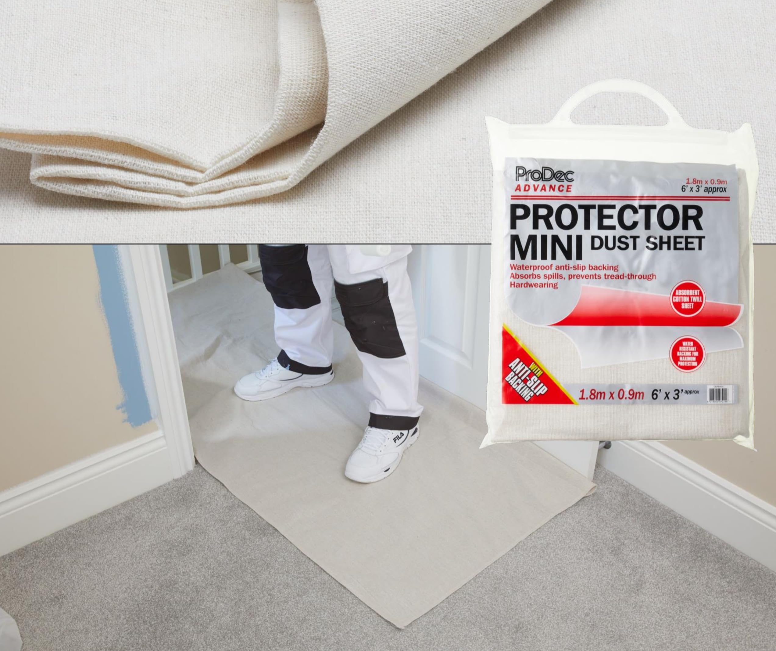 ProDec Advance 6ft x 3ft Water Resistant Protector Cotton Dust Sheet Drop Cloth For Doorways And Narrow Places When Painting Decorating, Absorbs Spills No Soak Through, DIY & Professional