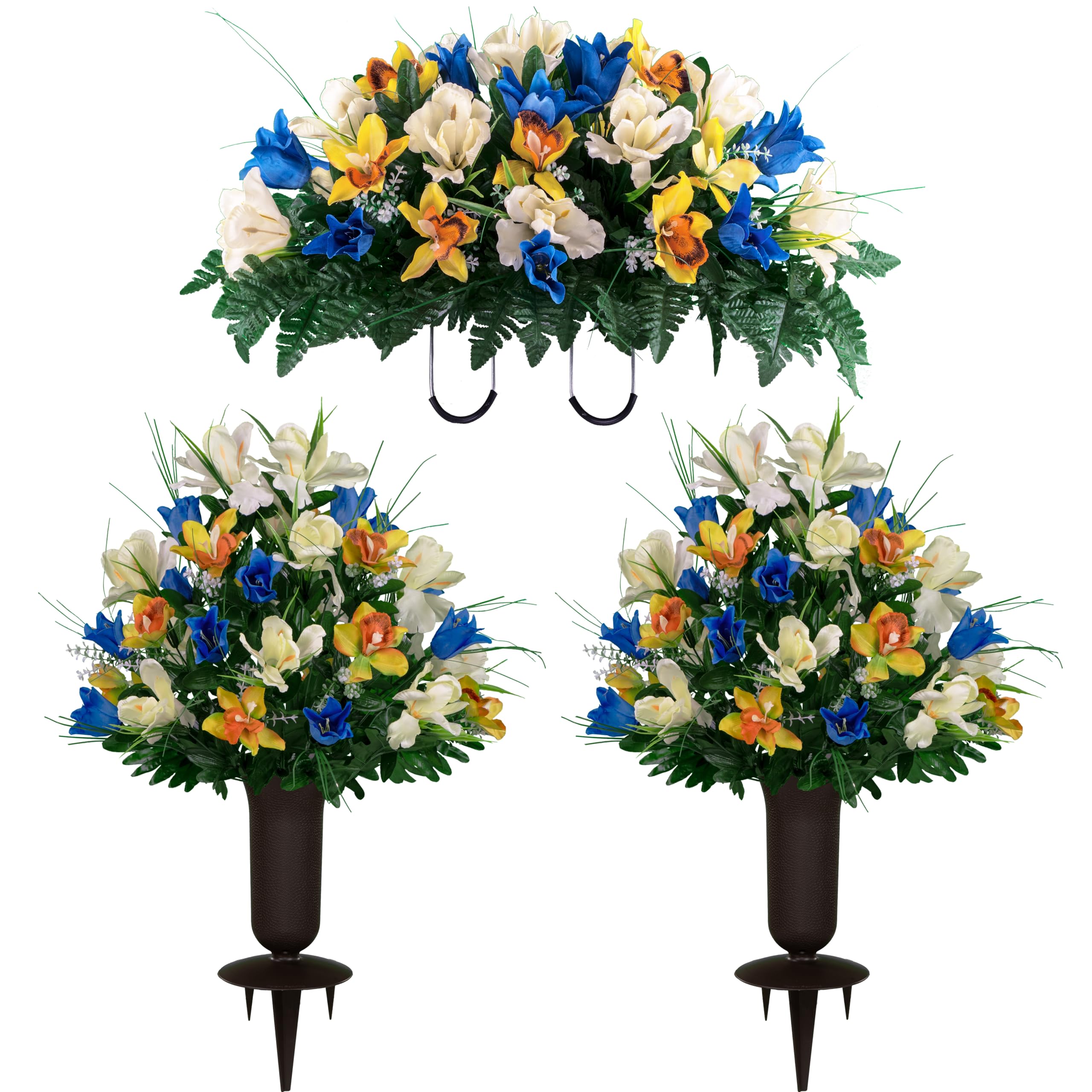 Sympathy Silks Artificial Cemetery Flowers – Realistic Vibrant Tulips Outdoor Grave Decorations- 2 Blue Tulip White Iris Bouquets, 1 Matching Saddle, and 2 vases